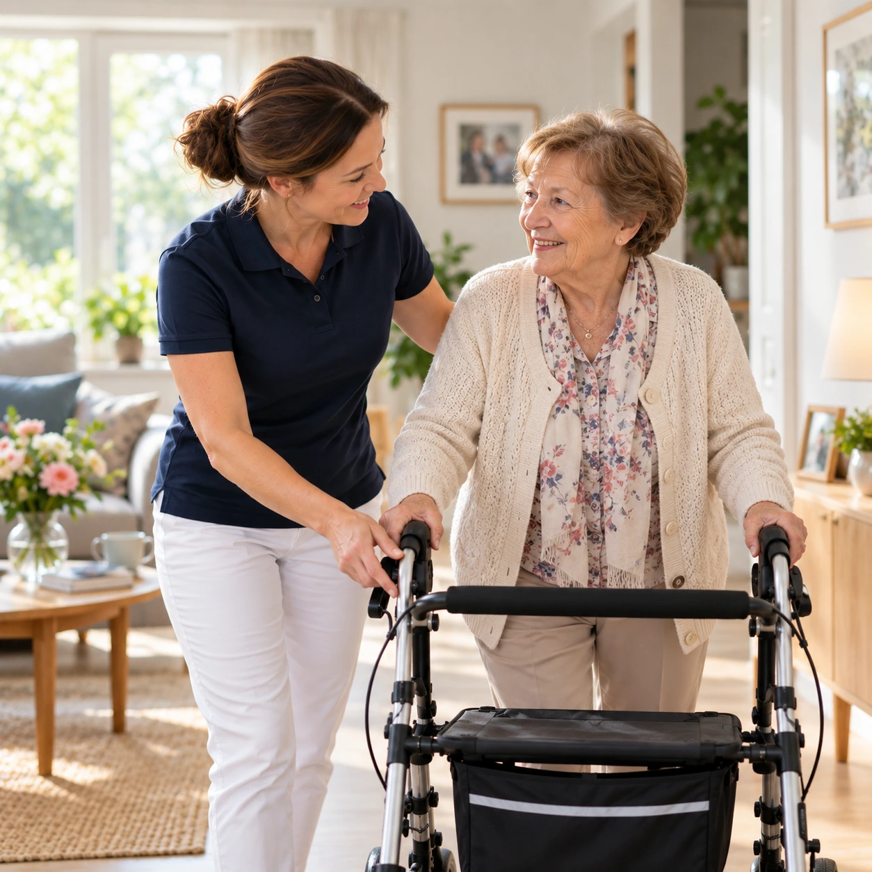 Betreuungskraft begleitet eine Seniorin mit Rollator zuhause