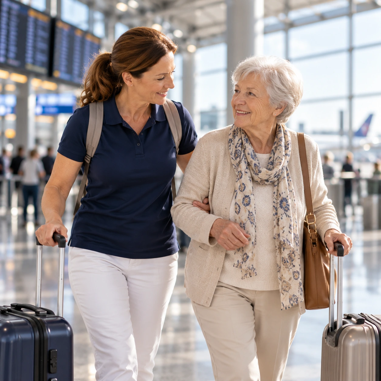 Urlaubsbegleitung mit Seniorin und Begleitperson am Flughafen